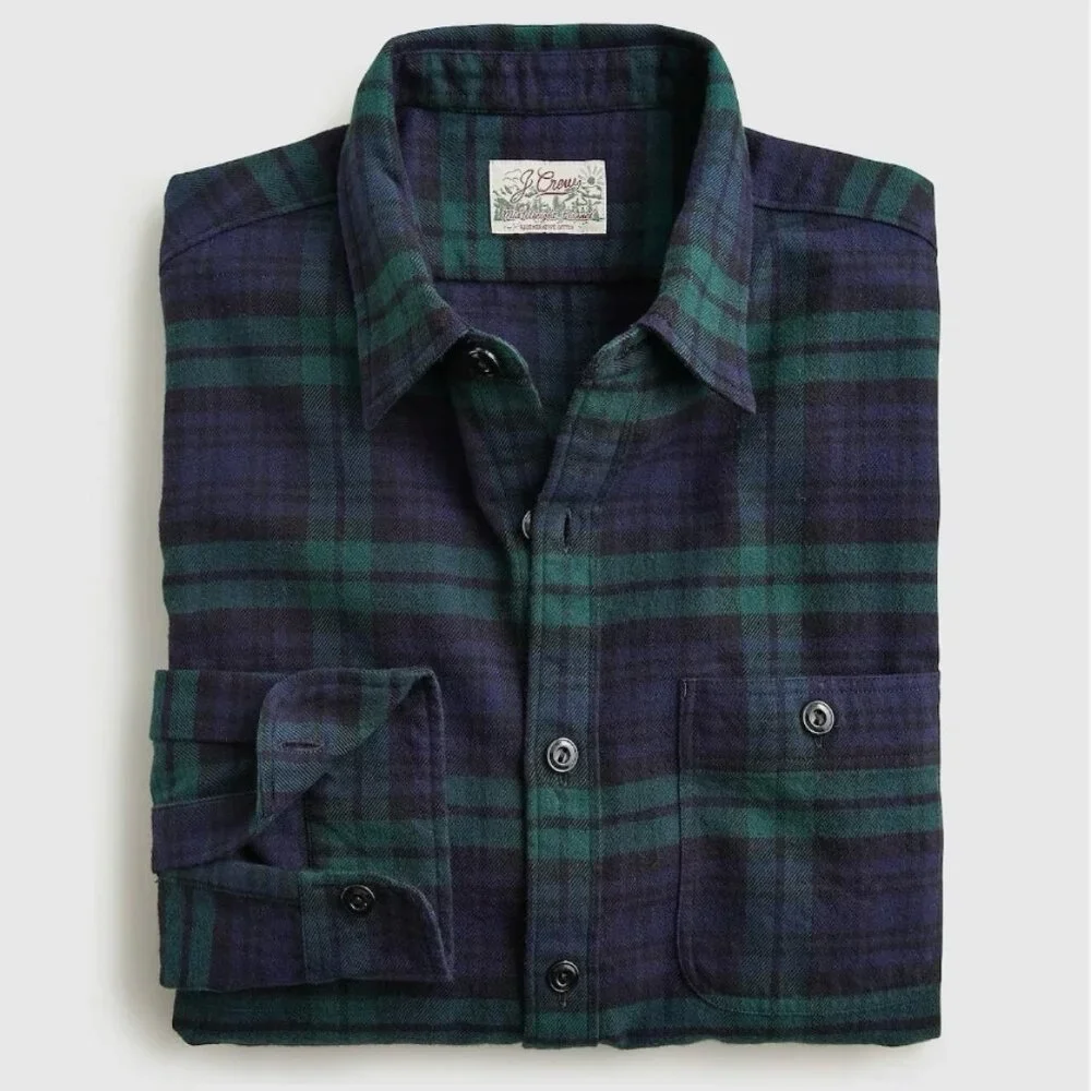 J. Crew Men's Green & Navy Slim Midweight Flannel Shirt in Watch Tartan - Size M